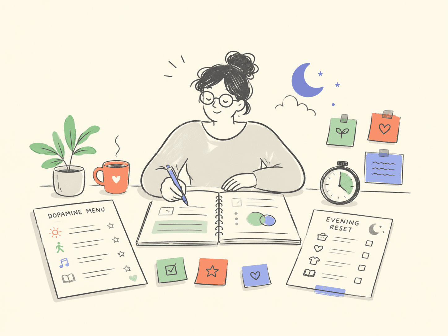 An illustration of a person journaling, with a dopamine menu and an evening reset checklist laid out on the desk beside them