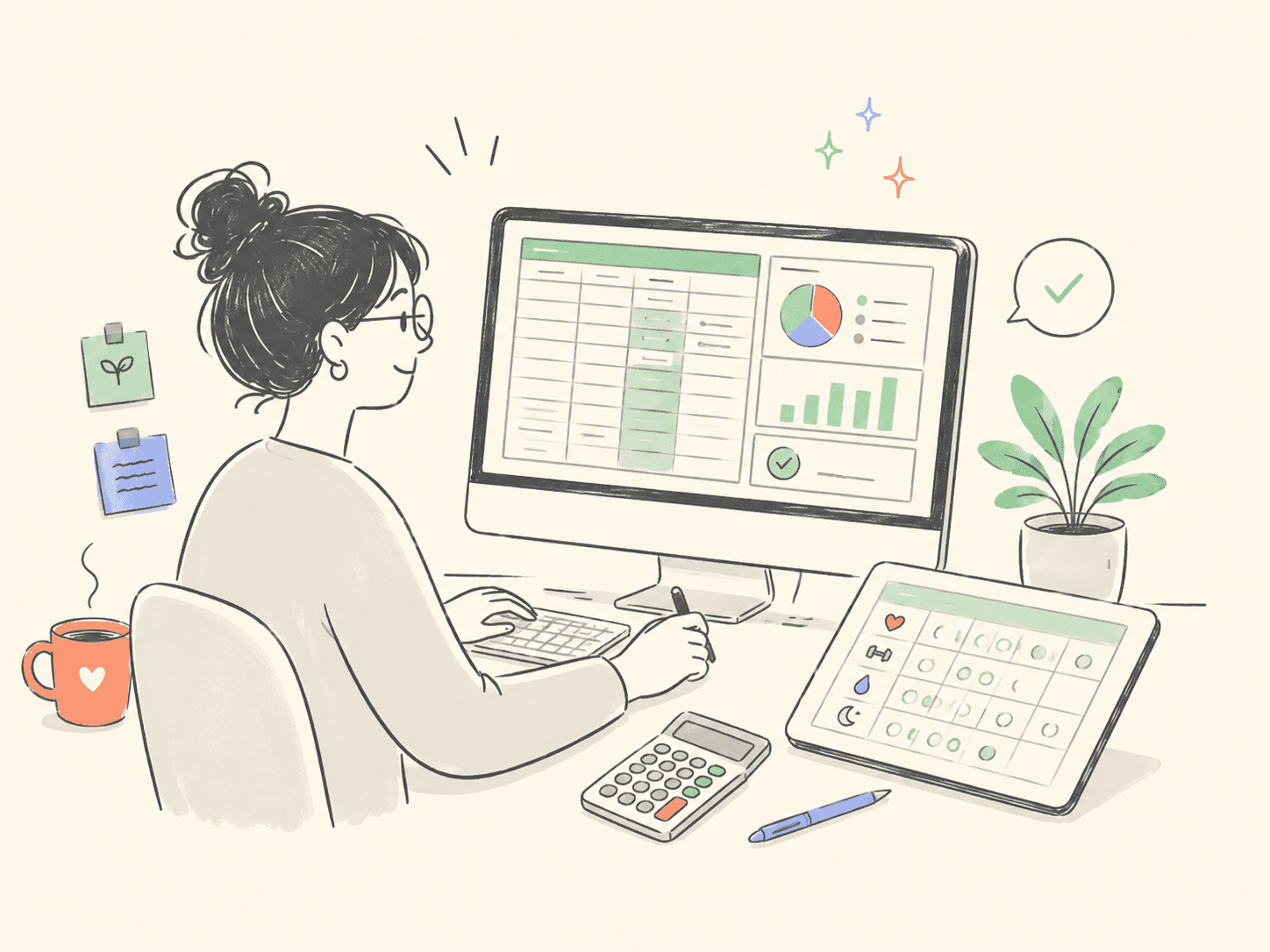 An illustration of a person at a computer working on a budget spreadsheet, with a calculator and a habit tracker on a tablet beside them