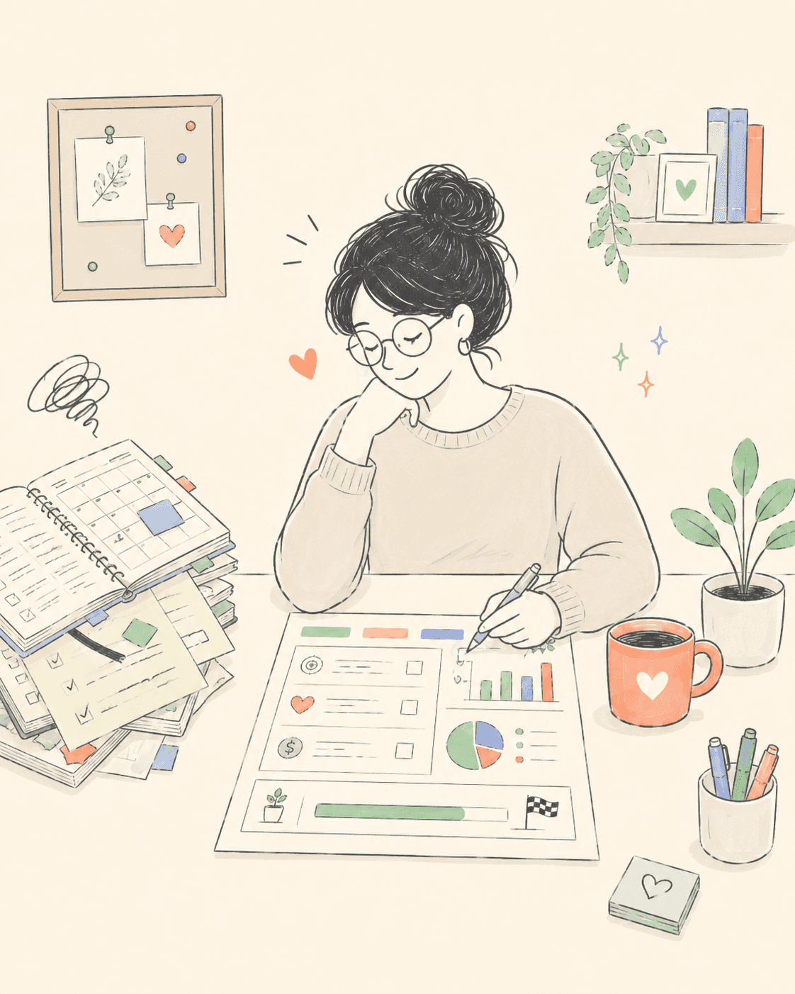 An illustration of a person at a desk, a toppling stack of abandoned planners beside them and a single clear one-page dashboard in front of them
